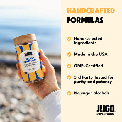 JUGO Focus + SUPERFOODS Ashwagandha Gummies with Vitamin D3 & Superfruit Blend, Vegetarian-Friendly Focus Supplement with Adaptogens, Gelatin-Free and Gluten-Free, Non-GMO, Made in USA, 40 Coun JUGO LLCBuy Supplements Australia