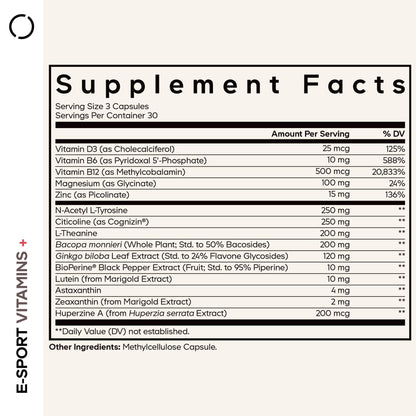 Codeage E-Sport Vitamins+ Citicoline Cognizin, Bacopa Monnieri Supplement, Multivitamins, Astaxanthin, L-Theanine, Ginkgo Biloba, Acetyl-L-Tyrosine, Huperzine A,
