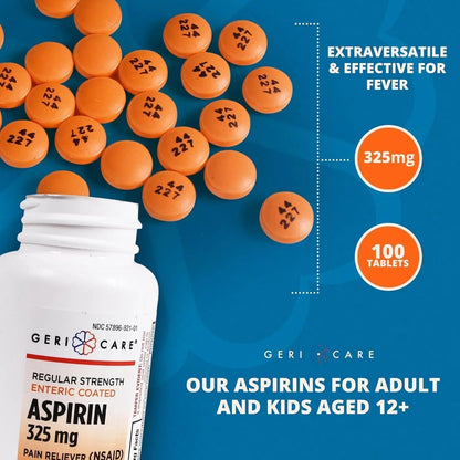 Enteric Coated Aspirin Tablets 325mg (100 Count) by GeriCare- NSAID Pain Reliever & Fever Reducer Coated Aspirin for Adults- Regular Strength Aspirin for Headache Arthritis Menstrual & Muscle Pain GeriCareBuy Supplements Australia