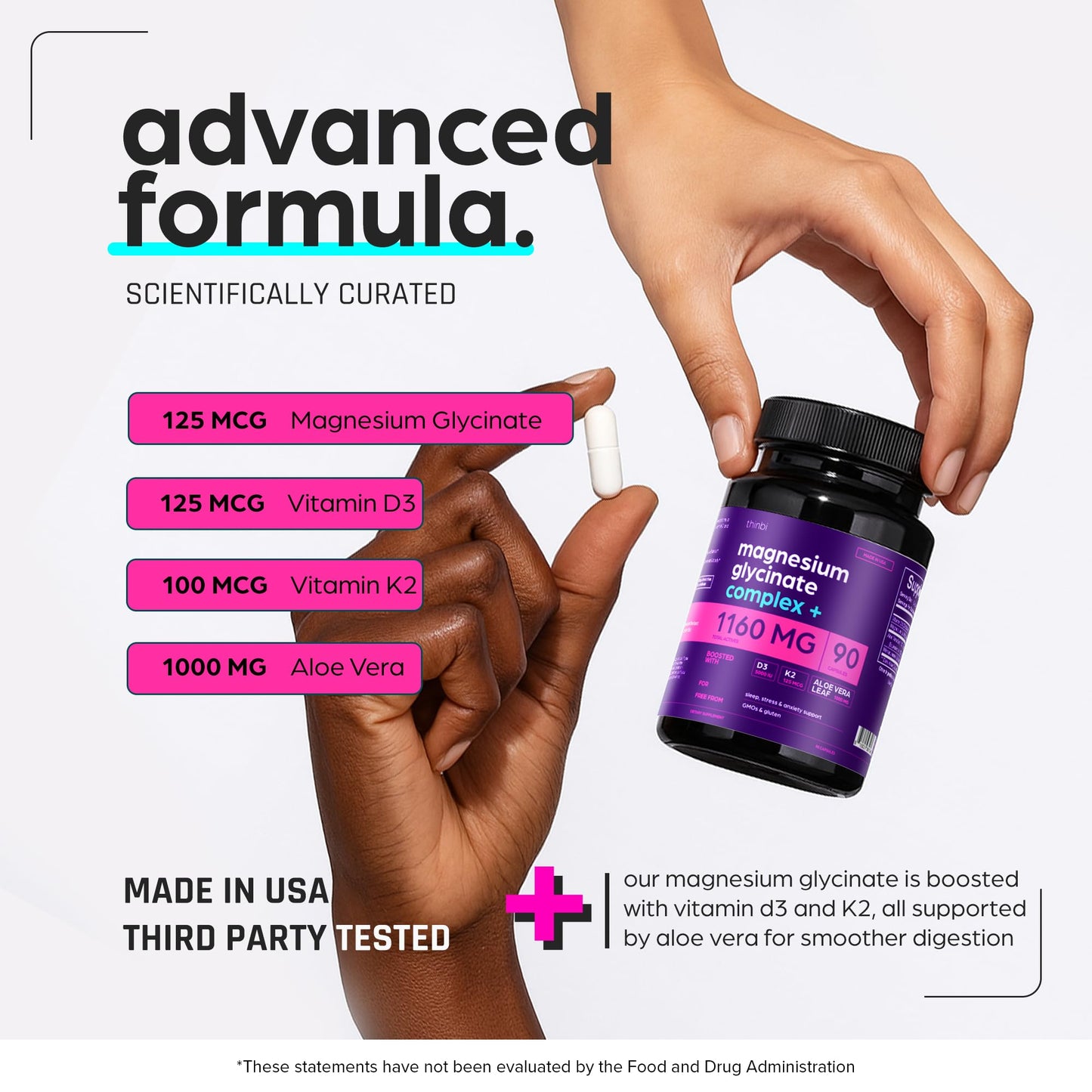 Magnesium Glycinate 1160mg + Aloe Vera, D3 & K2 Complex 90 Capsules - High Absorption, Non-Laxative - Supports