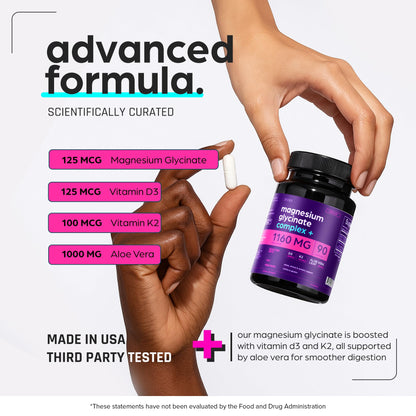 Magnesium Glycinate 1160mg + Aloe Vera, D3 & K2 Complex 90 Capsules - High Absorption, Non-Laxative - Supports