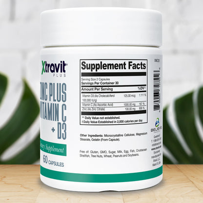 Xtravit Zinc Plus Vitamin C + D3 Supplement – Natural Immune Defense Supplements for Men & Women - May Support Skin, Energy, Bones, & Overall Wellness - Non-GMO, Gluten-Free, No Fillers, 60 Capsules XtravitBuy Supplements Australia