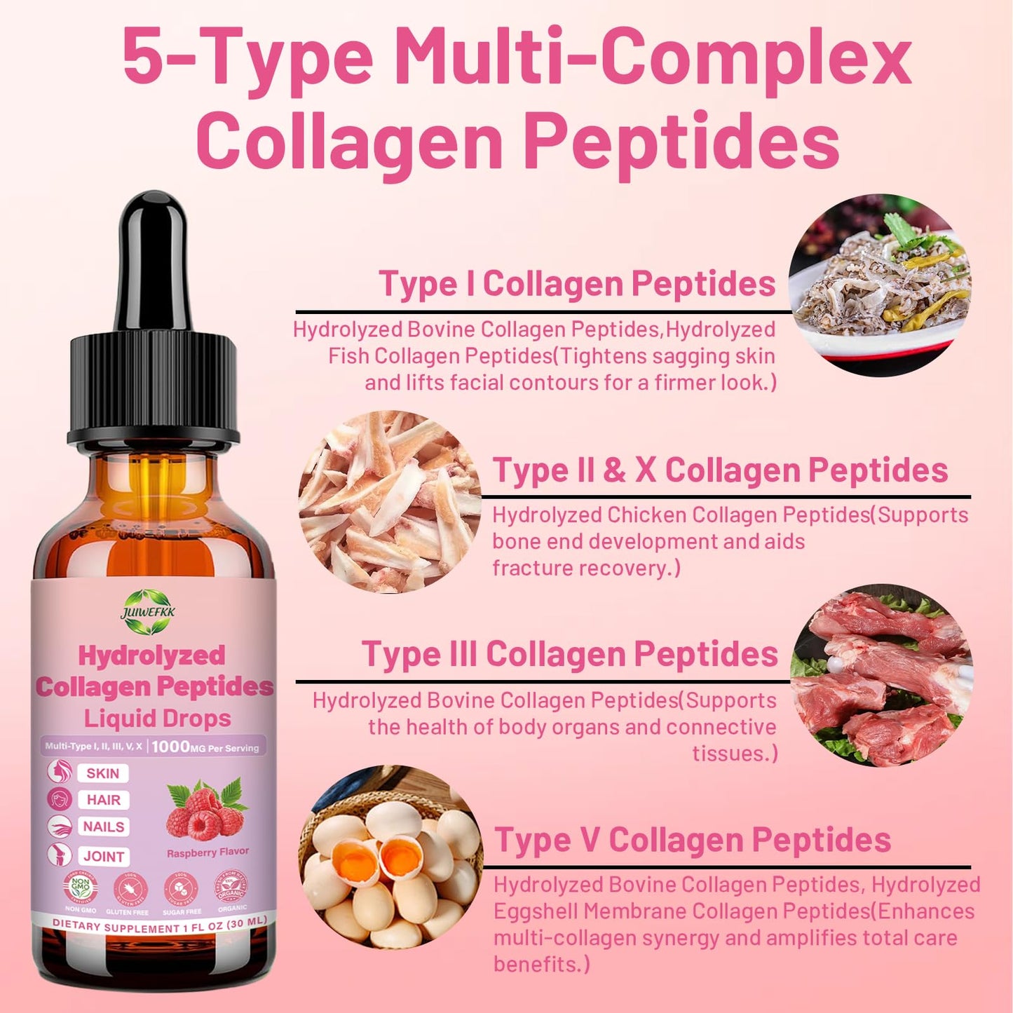 JUIWEFKK Hydrolyzed Collagen Peptides Liquid Organic Collagen Complex w. Biotin, Vitamin C & Hyaluronic Acid, Liquid Collagen Types I, II, III, IV, V for Hair, Skin, Nails & Joint Healthd JUIWEFKKBuy Supplements Australia