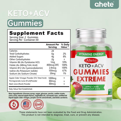 Ahete Keto Apple Cider Vinegar Gummies with Vitamin B6, B12, Folate & Beet Root, Keto ACV Gummies Supports Daily Wellness & Metabolism, Natural Apple Flavor, 60 Gummies (30 Day Supply) AheteBuy Supplements Australia