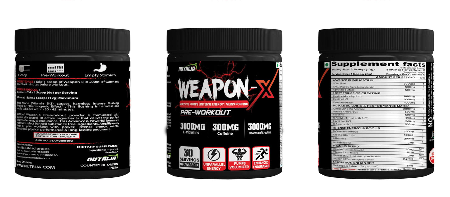NutriJa Weapon-X Pre-Workout Powder with 21 Active Ingredients - 3 Best Forms of Creatine, AAKG, Beta-Alanine, Caffeinated | Pumps, Viens Popping, Energy, Focus & Strength (60 Servings (Mango))