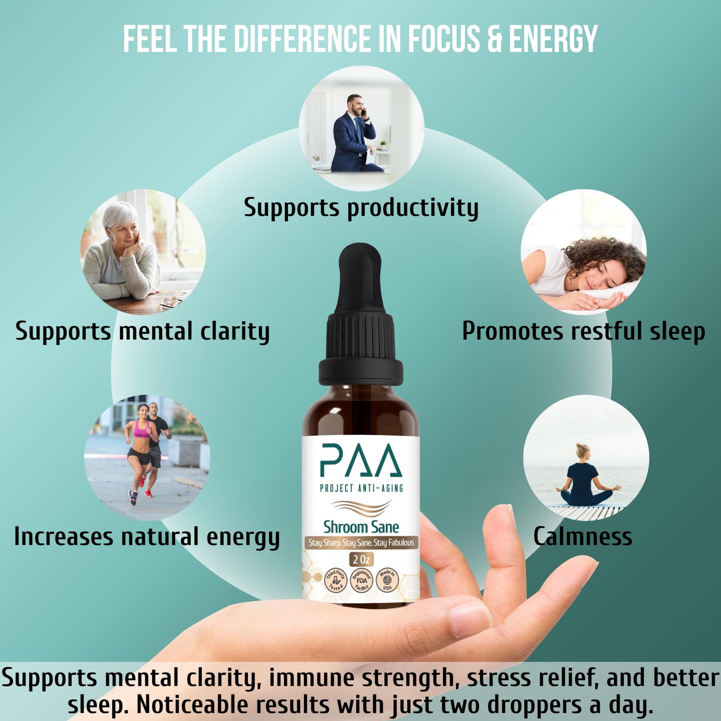 Project Anti-Aging Shroom Sane Liquid Drops with Lion’s Mane Mushroom Supplement Drops – 8 Mushroom Complex Tincture with Reishi, Cordyceps, Turkey Tail & Magnesium – USDA Organic, Vegan, Project Anti-AgingBuy Supplements Australia