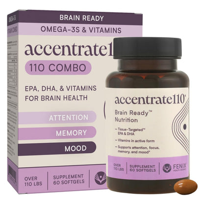 Accentrate110 - Focus Supplement - Methylated Vitamin B Complex with Omega 3 Fatty Acid Supplement - L-Methylfolate, Vitamin B12, P-5-P, Riboflavin, VIT D, – 60 Softgels (1 Month Supply) AccentrateBuy Supplements Australia
