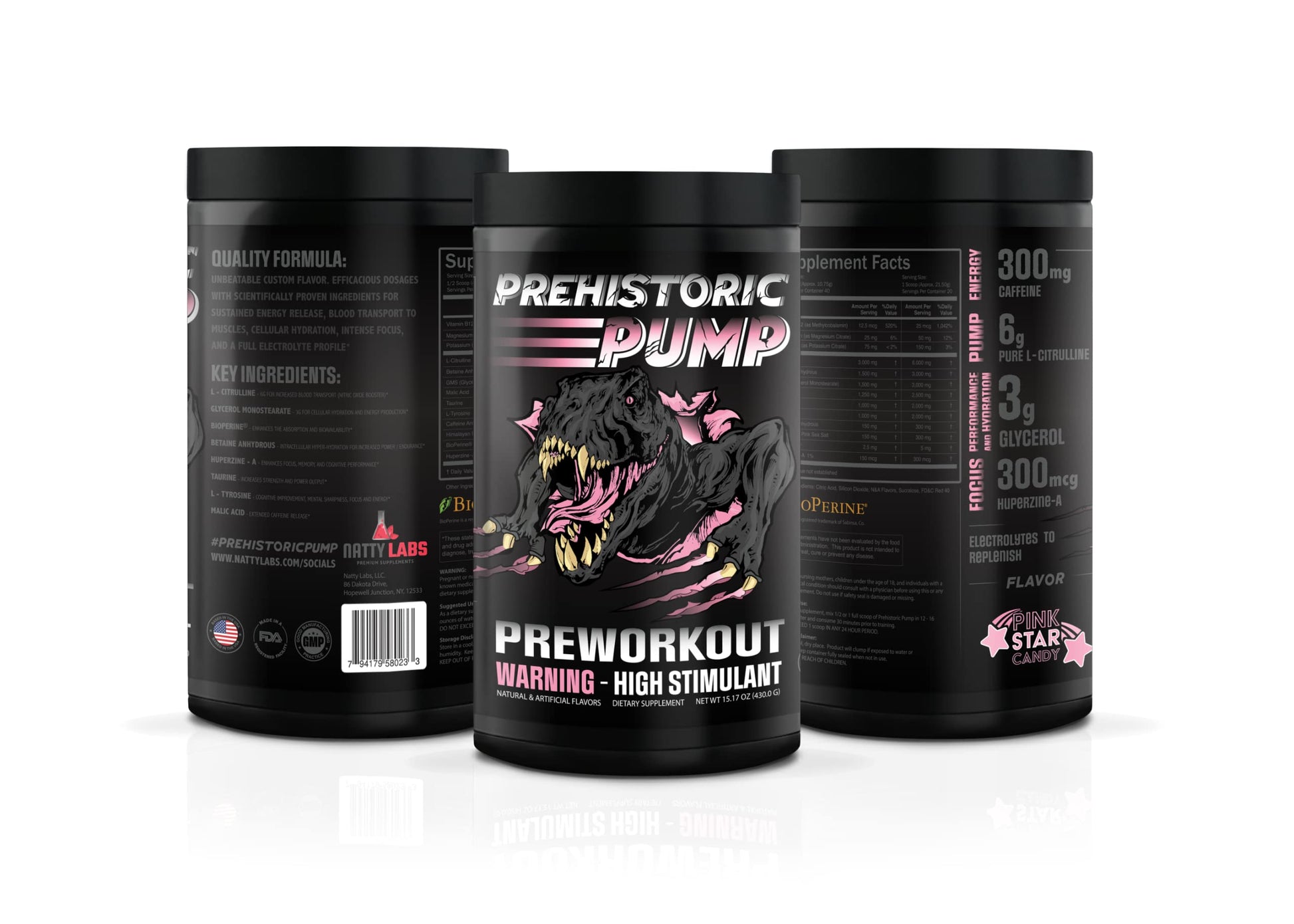 Natty Labs Prehistoric Pump Pre Workout - Preworkout Energy Supplement · 300mg Caffeine · Energy · Focus · Pump · Electrolytes · Hydration · Vitamins - 40 Servings (Pink Star Candy)