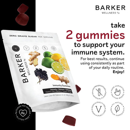 Barker Wellness Immunity Gummies with Vitamin C, Zinc, Elderberry, Turmeric & Ginger for Daily Immune Support | Vegan, Sugar-Free, Lemon-Lime Flavor | Seasonal Wellness Essentials, 60 Count Barker Wellness CoBuy Supplements Australia