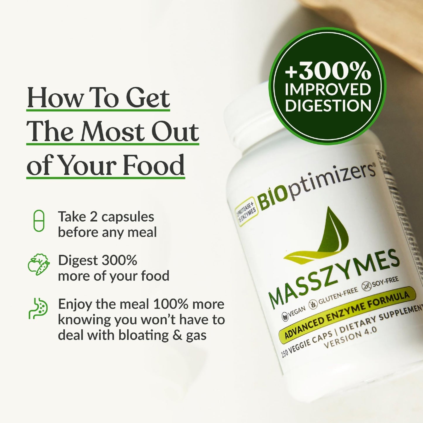BIOptimizers MassZymes - Complete Digestive Enzymes Supplement for Gut Health - Bloating Relief for Men and Women - Lipase Amylase Bromelain Digestive Enzymes (30 Capsules)