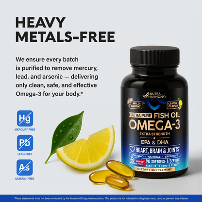 Omega 3 Fish Oil 3600 mg - Omega 3 Supplement | EPA & DHA - Heavy Metals Free - Heart, Brain & Joint Support - Purified Fish Oil for Men & Women - Lemon Flavored - Made in USA, 90 Softgels NUTRAHARMONYBuy Supplements Australia