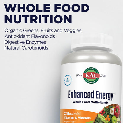 KAL Enhanced Energy Supplements, Whole Food Chewable Multivitamin with Iron, 3 Daily, 23 Essential Vitamins and Minerals, Super Foods, Enzymes, Mango Pineapple Flavor, 60-Day Guarantee, 20 Serv, 60ct KALBuy Supplements Australia
