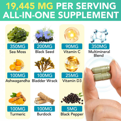 Sea Moss Black Seed Oil Ashwagandha Ginger, Sea Moss Capsule Supplement with Turmeric Burdock Root Bladderwrack Vitamin C Vitamin D3 Enhanced Immunity