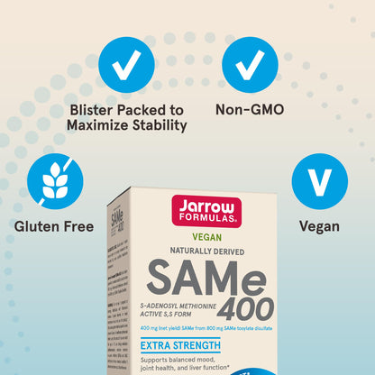 Jarrow Formulas SAMe Supplement 400 mg - 60 Tablets - High Concentration of Active S,S Form - Supports Joint Health, Liver Function, Brain Metabolism, Balanced Mood & Antioxidant Defense - 60 Servings Jarrow FormulasBuy Supplements Australia