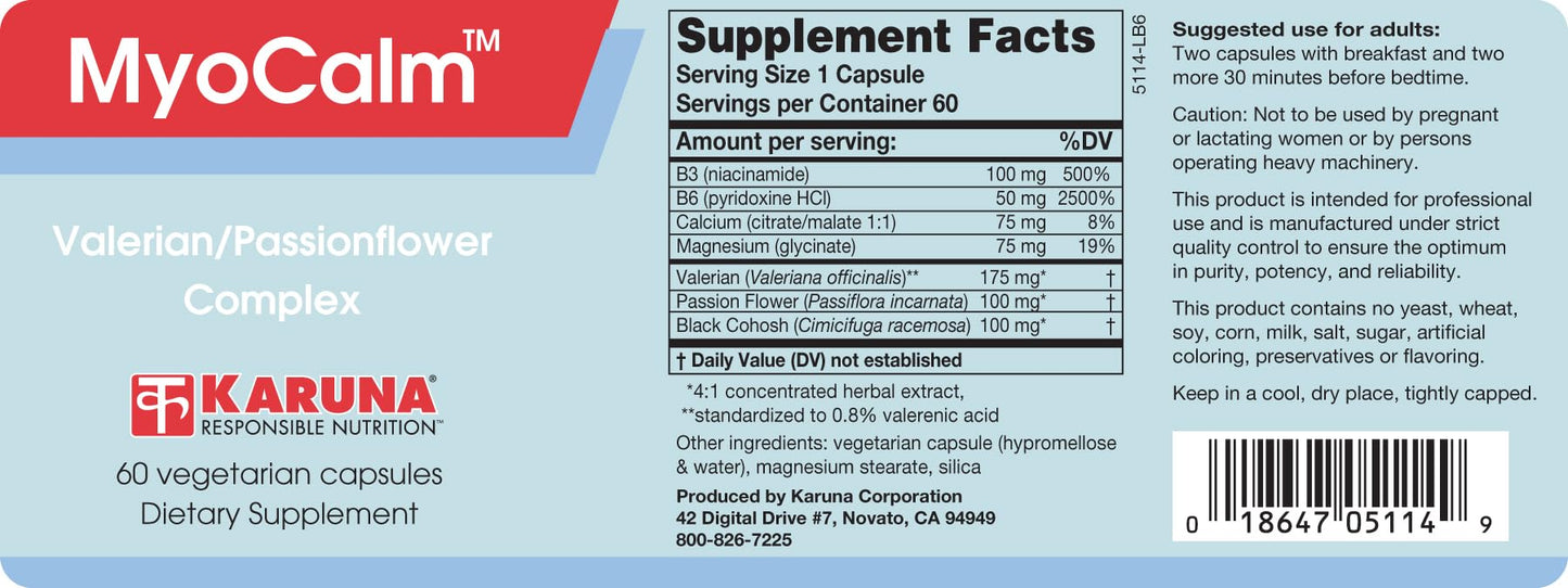 MyoCalm 60 Vegetarian Capsules | Valerian 175mg, Passion Flower 100mg, Black Cohosh 100mg, Calcium 75mg, Magnesium 75mg, b3(niacinamide), b6(Pyridoxine HCI) KarunaBuy Supplements Australia