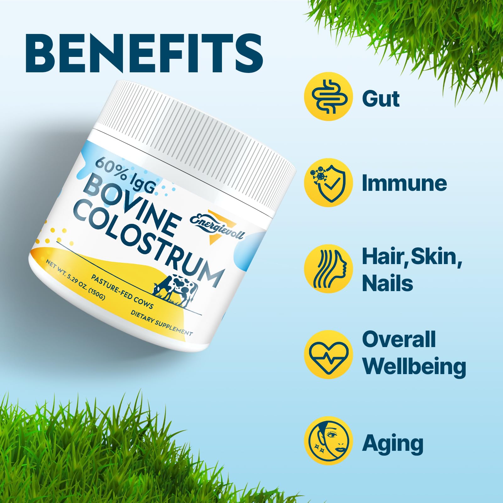 Energievoll Bovine Colostrum Supplement Powder - 60% IgG 3000 mg for Gut, Hair Growth, Beauty, and Immune, Easy to Mix, Unflavored (50 Servings) EnergievollBuy Supplements Australia