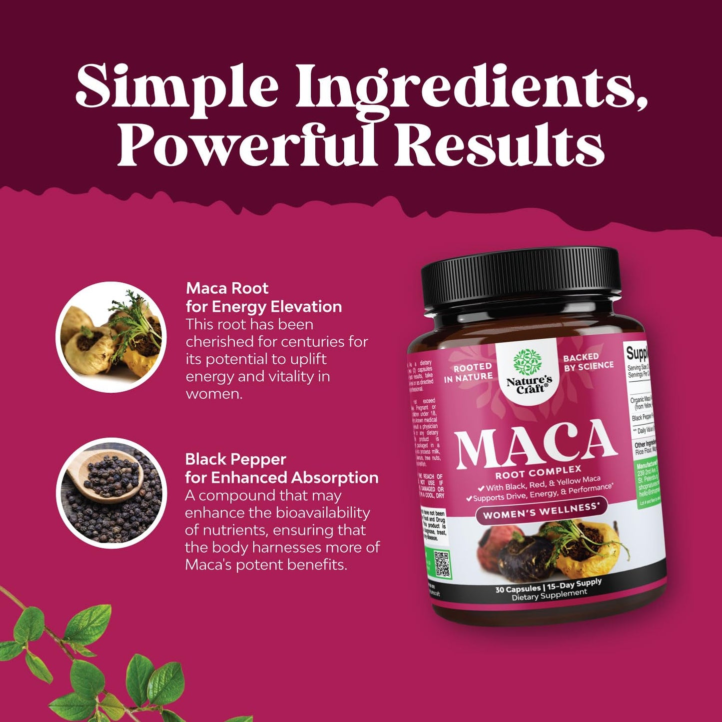 Maca Root Capsules for Women - Potent Herbal Supplement with Female Enhancing Blend of Red Yellow & Black Maca Root - Non-GMO Certified Vegan and Gluten-Free with No Artificial Colors - 30 Count Natures CraftBuy Supplements Australia