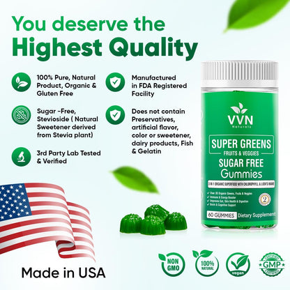Sugar-Free Real Organic Fruits, Super Greens and Veggies Gummies | 35+ Nutritious & Healthy Greens, Fruits, and Vegetables for Improved Immunity, Skin Health & Energy Boost|60 Vegan Gummies VVN NaturalsBuy Supplements Australia