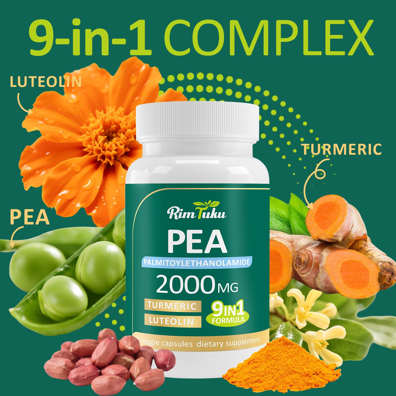 Liposomal Palmitoylethanolamide 2000MG + Luteolin 200MG + Turmeric 200MG & Fisetin 100MG, Micronized Pea 99% Highly Purified Enhanced Absorption Pea Supplement, 120 Capsules RimTukuBuy Supplements Australia