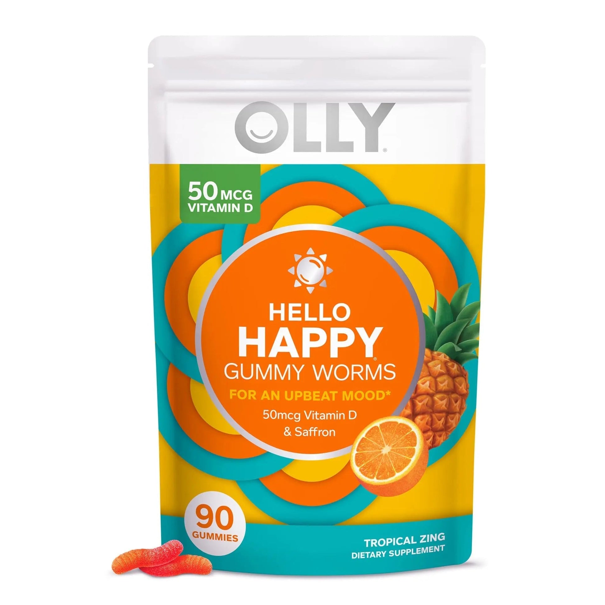 OLLY Hello Happy Gummy Worms Mood Support with Vitamin D, Saffron - 90 Count Men's Multivitamin Gummy Immune Support OLLY