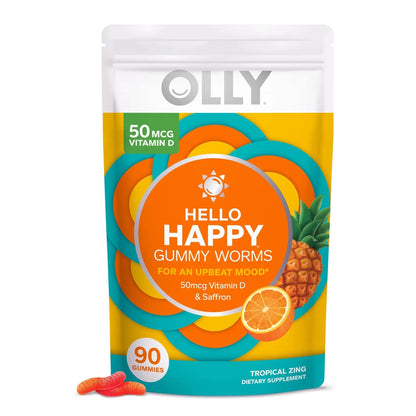 OLLY Hello Happy Gummy Worms Mood Support with Vitamin D, Saffron - 90 Count Men's Multivitamin Gummy Immune Support OLLY
