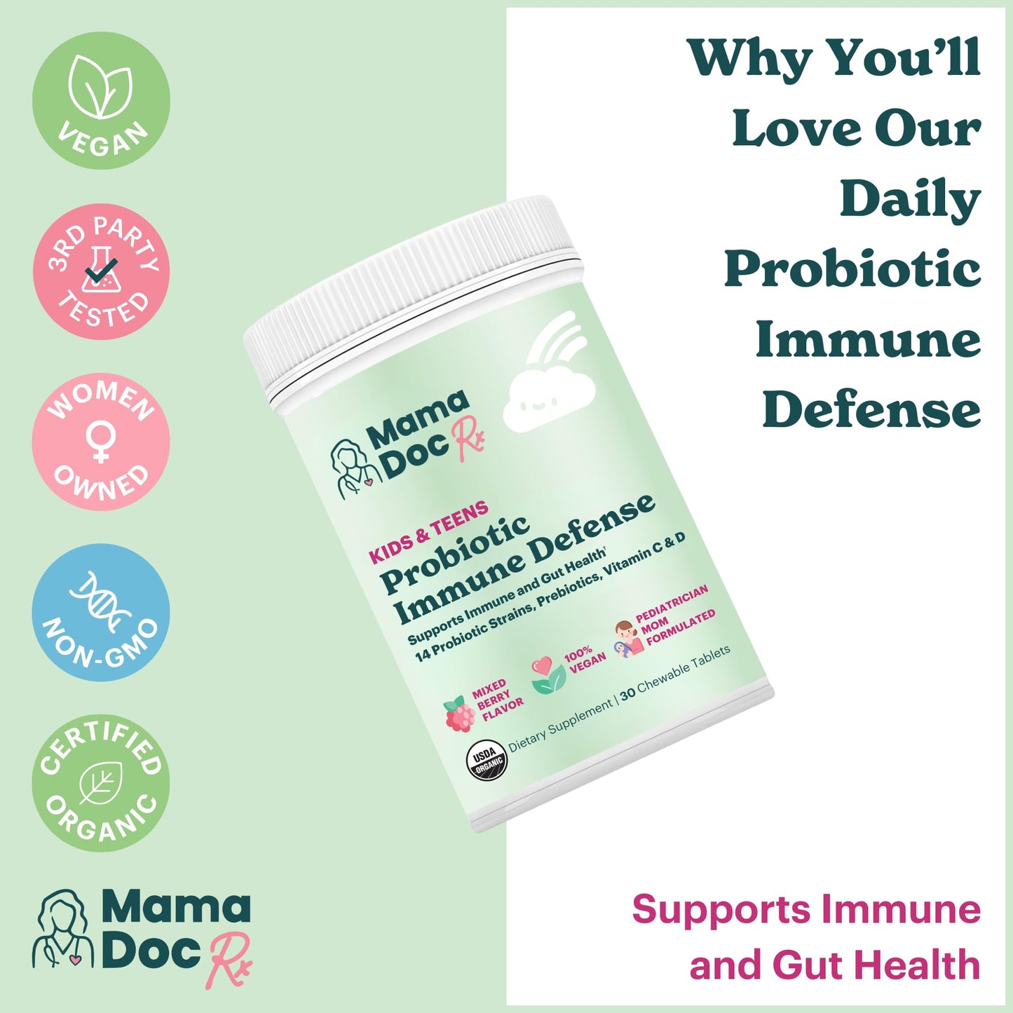 MamaDoc Rx Certified Organic Kids & Teens Probiotic Immune Defense - 5 Billion CFUs | Sugar Free, Vegan, Gluten-Free | 14 Probiotic Strains, Prebiotics, Vitamin C & D | 30 Chewable Tablets, Ages 4+ MamaDoc RxBuy Supplements Australia