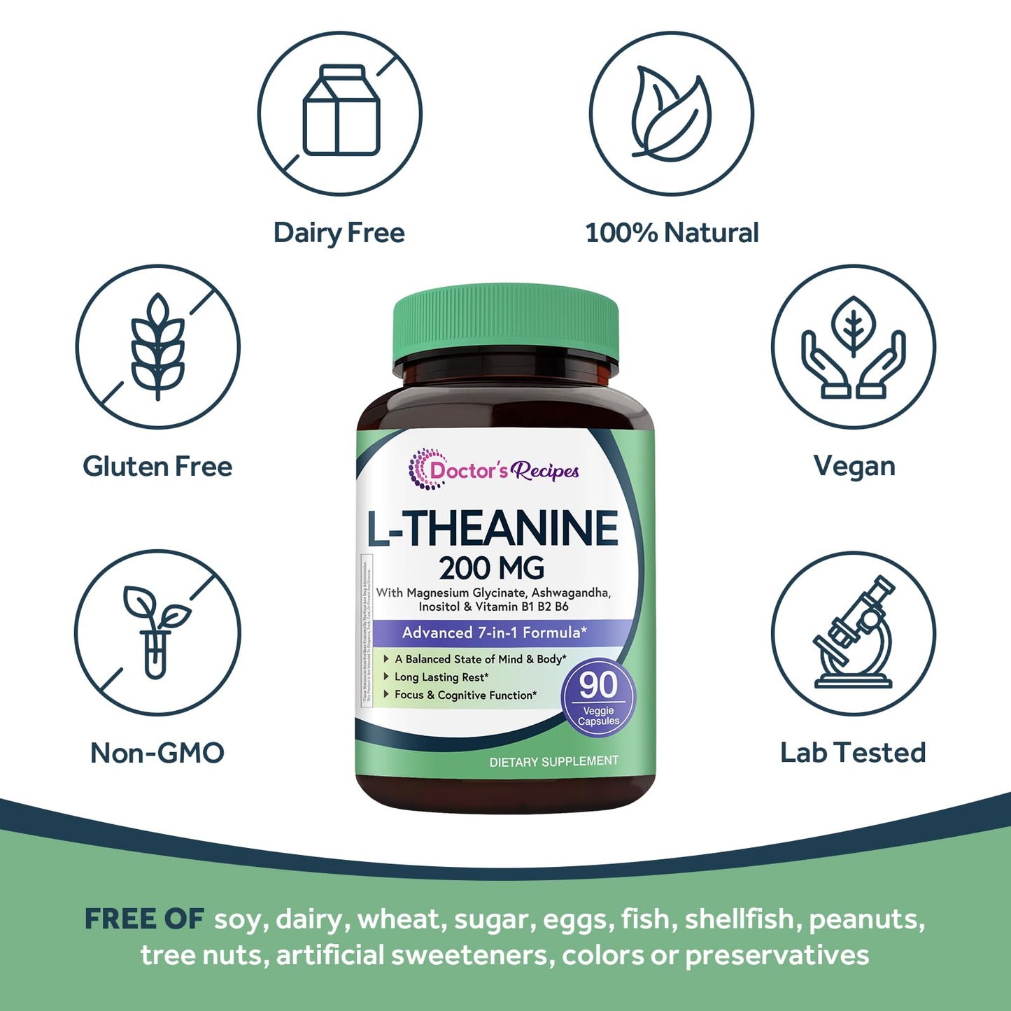 Doctor's Recipes L-Theanine 200 mg, Magnesium Glycinate, Ashwagandha, Inositol, Vitamin B6 B1 B2, Calm Relaxation Mood Cortisol Manager Nerve Focus Sleep Aid Quality No Drowsiness, Vegan, 90 Capsules Doctor's RecipesBuy Supplements Australia