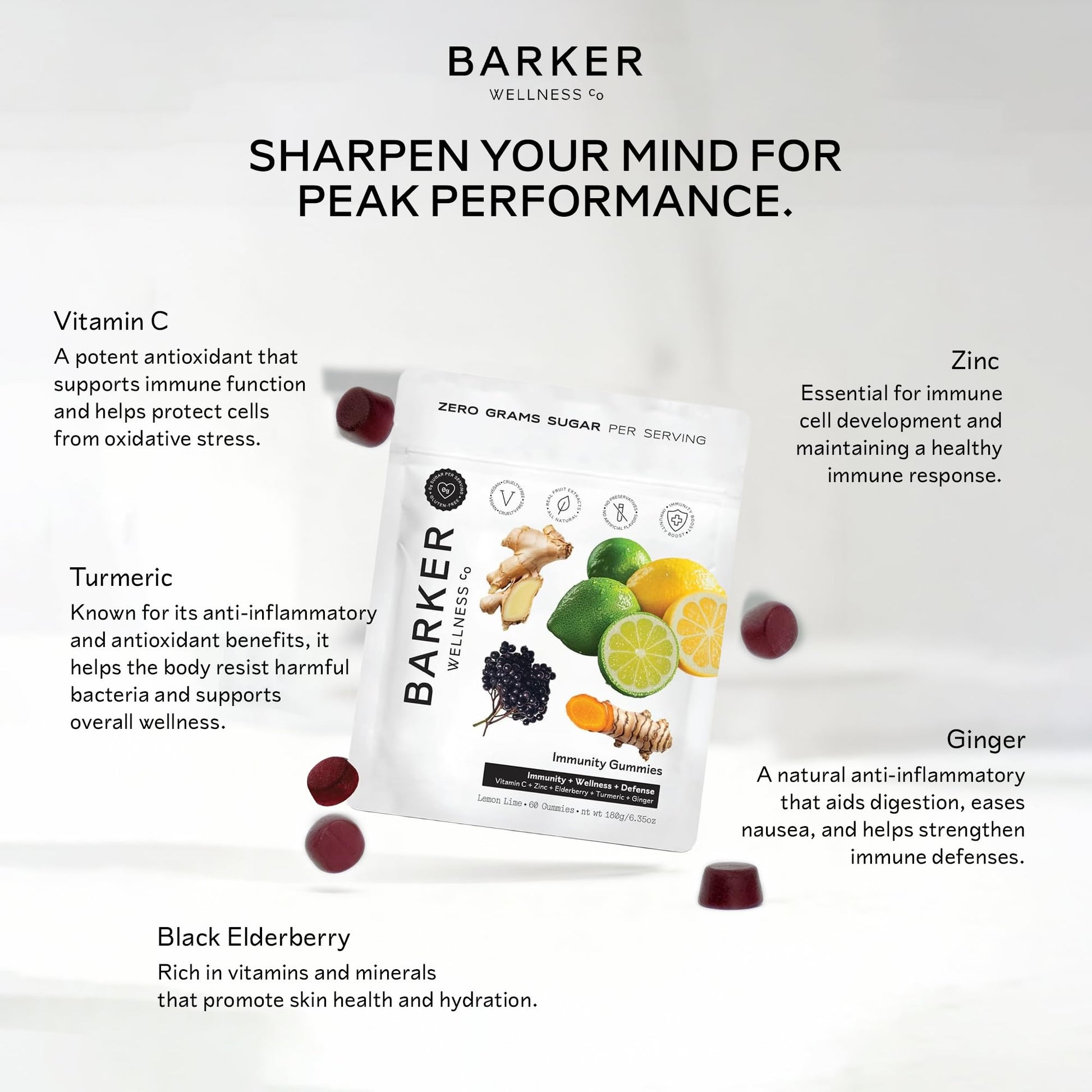 Barker Wellness Immunity Gummies with Vitamin C, Zinc, Elderberry, Turmeric & Ginger for Daily Immune Support | Vegan, Sugar-Free, Lemon-Lime Flavor | Seasonal Wellness Essentials, 60 Count Barker Wellness CoBuy Supplements Australia