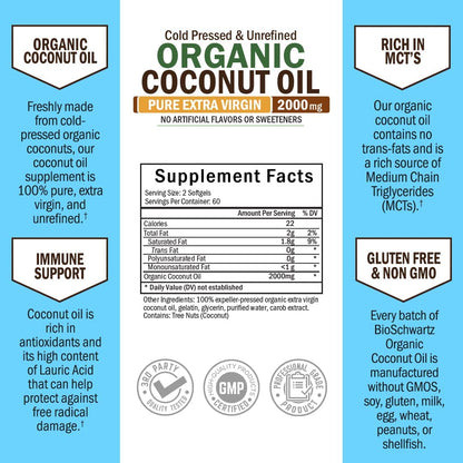 Coconut Oil Capsules 2000mg - Organic Pure Extra Virgin Unrefined Cold Pressed MCT BioSchwartzBuy Supplements Australia