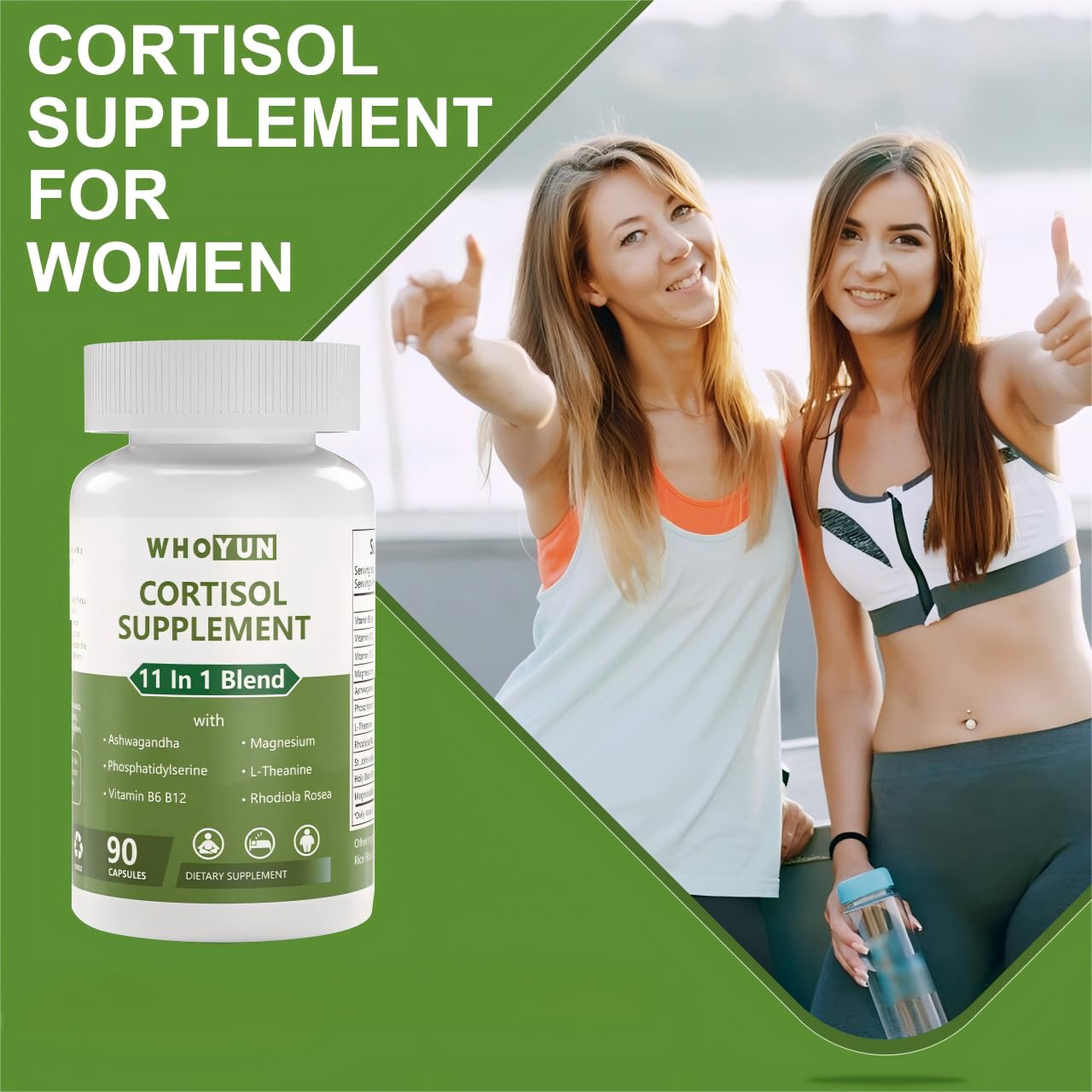 Whoyun Cortisol Supplement for Women, 11 in 1 Lower Cortisol Blend with Ashwagandha, Phosphatidylserine, Magnesium, L-Theanine, Vegan, 90 Capsules WhoyunBuy Supplements Australia