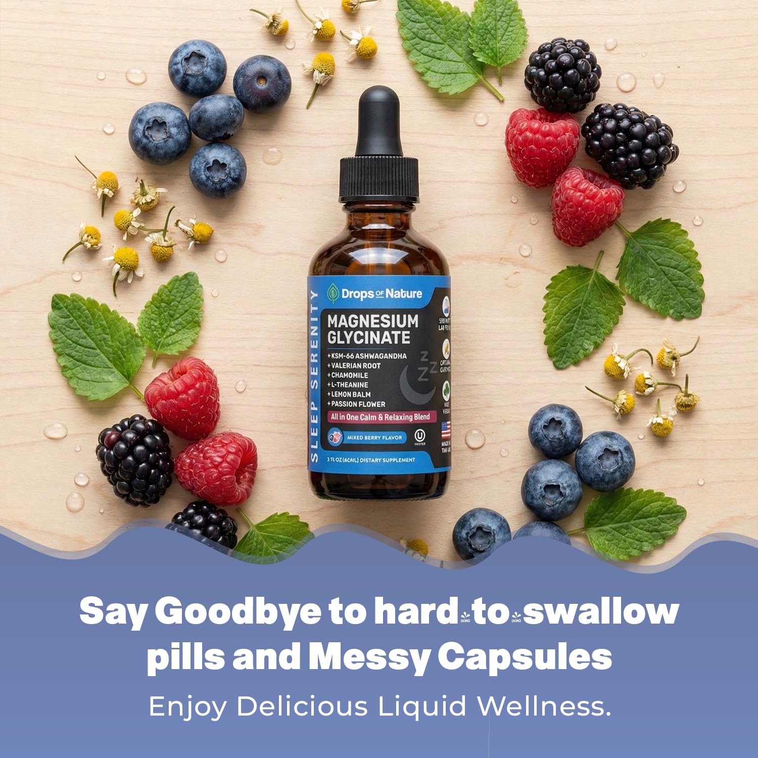 Magnesium Glycinate & Ashwagandha Liquid Drops with Valerian Root, Chamomile, Passion Flower, Lemon Balm & L-Theanine - Vegan Fast Absorption - Supplement for Wellness & Relaxation (Mixed Berry, 60mL) Drops Of NatureBuy Supplements Australia