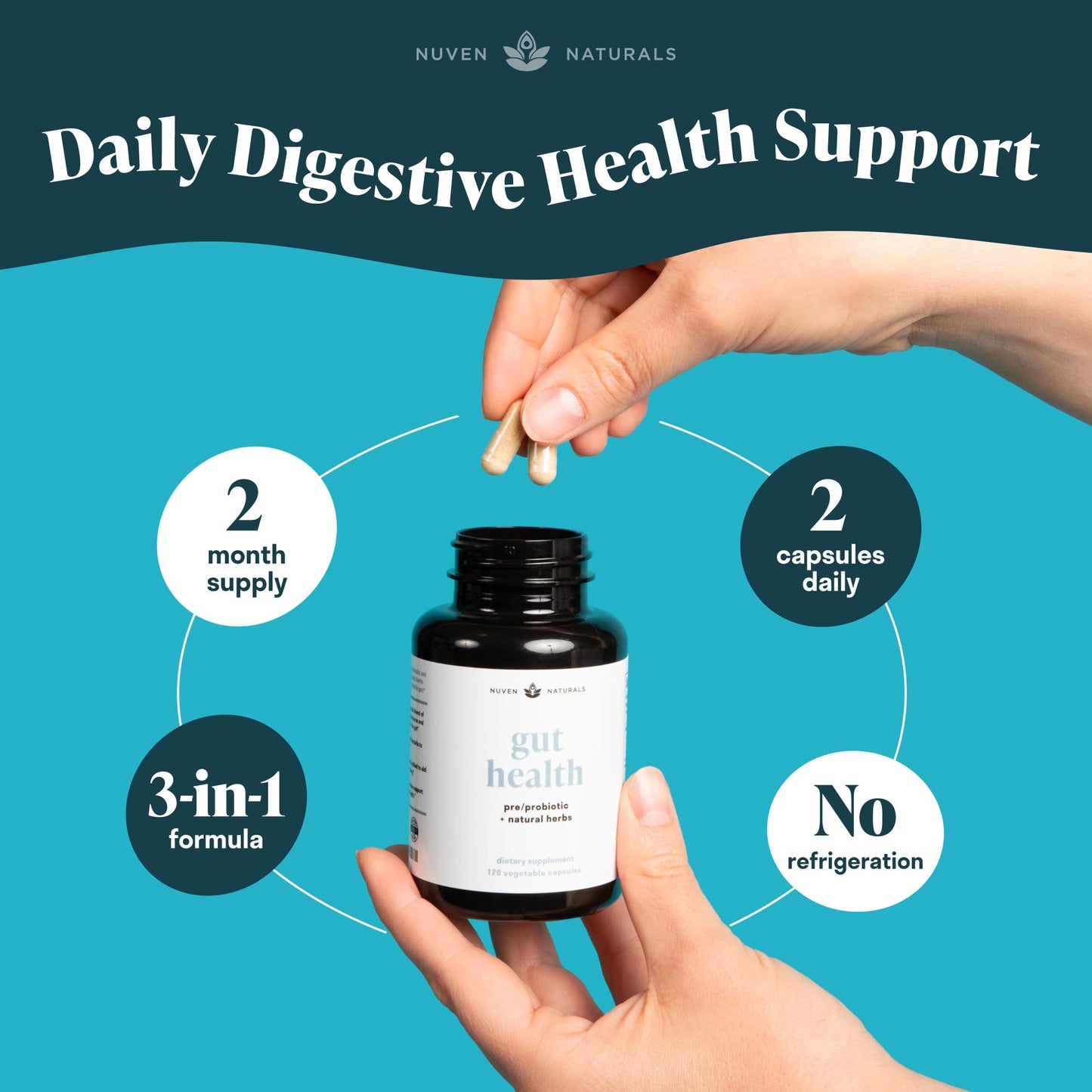 Nuven Naturals All-in-One Gut Health w/Probiotics, Prebiotics, Digestion-Supporting Herbs