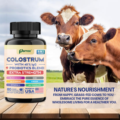 Parrox Colostrum Supplement Capsules, Grass Fed Cow Colostrum with 40% IgG, Probiotics Blend, Elderberry, Astragalus, Zinc, Ginger, Vitamin C, L-Glutamine, 8 in 1 Extra Strength Bovine Boost (60 Caps) ParroxBuy Supplements Australia