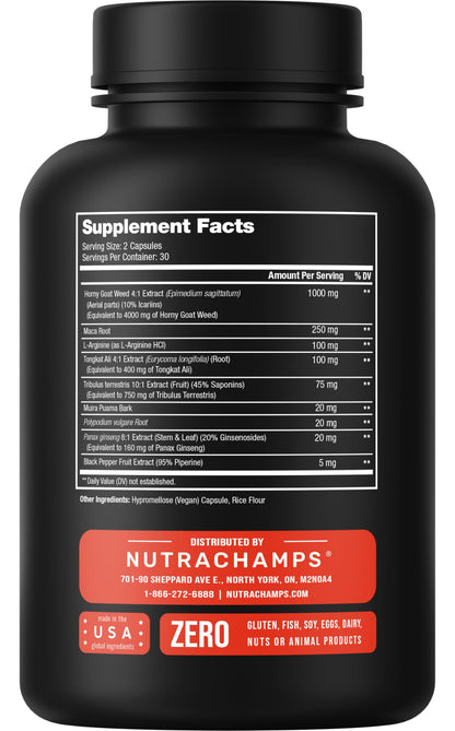 NutraChamps Horny Goat Weed, 1000mg Epimedium Energy Supplement, 10X Strength Icariin, Ginseng, Tribulus & Maca Pills for Women & Men, Enhanced Absorption with Black Pepper, 60 Vegan Capsules NutraChampsBuy Supplements Australia