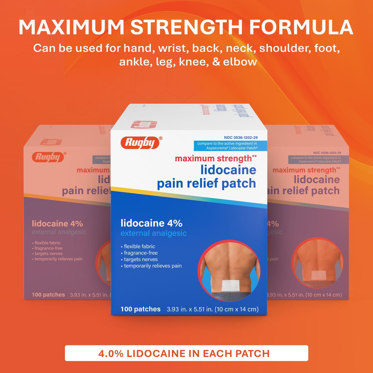 Rugby Maximum Strength 4% Lidocaine Pain Relief Patch- External Analgesic - Flexible Fabric, Fragrance-Free - Temporarily Relieves Pain - 100 Patches (10 cm x 14 cm Each) RUGBY LABORATORIESBuy Supplements Australia