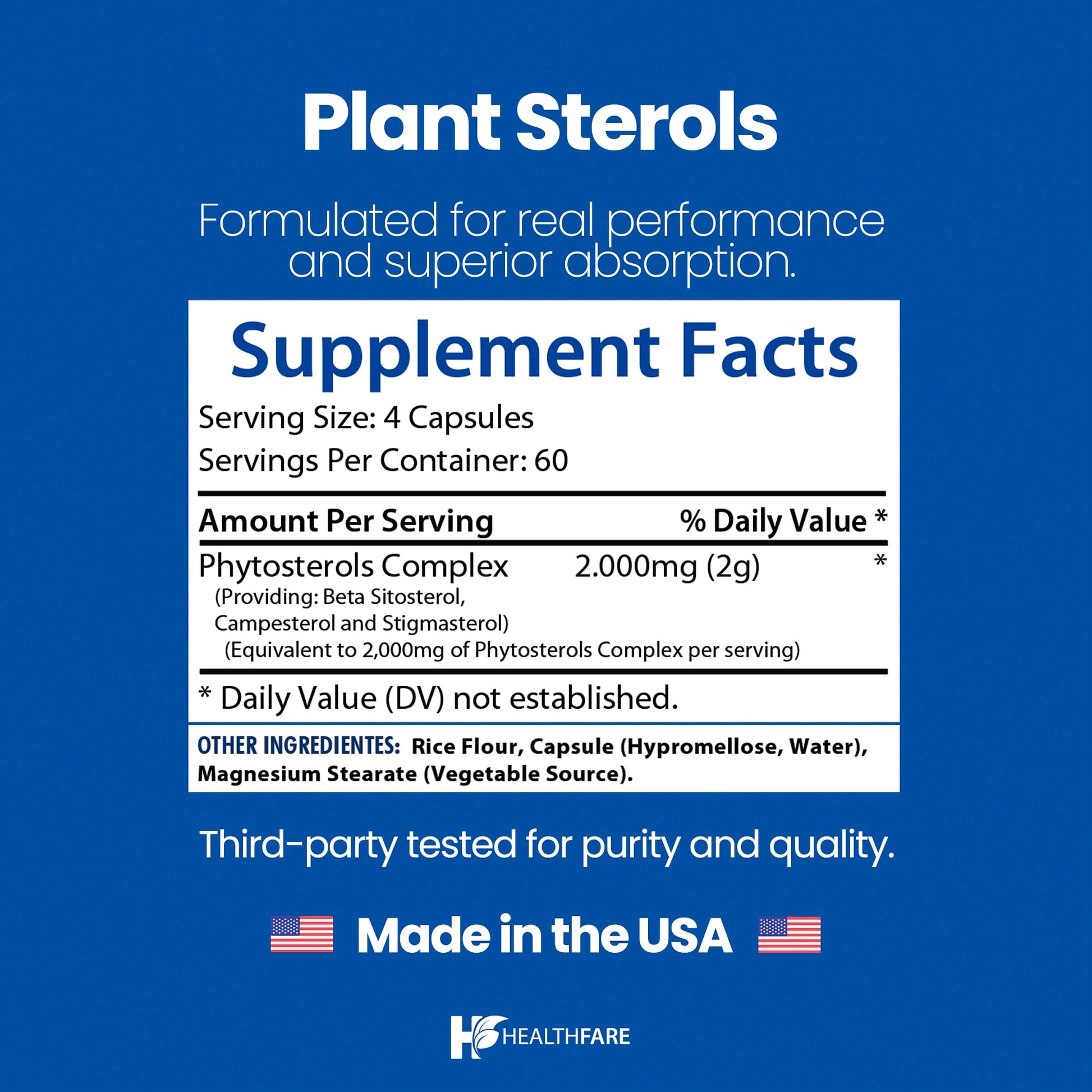 Healthfare Plant Sterols Capsules 2000mg | 240 Vegan Capsules | Beta Sitosterol & Phytosterol Complex | Plant-Based Supplement | Non-GMO & Gluten-Free | Made in the USA HealthfareBuy Supplements Australia