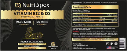 Nutri Apex Vitamin B12 & D3 Sublingual Tablets - 2500 mcg B12 & 125 mcg (5000 IU) D3 - Highly Bioavailable for Energy, Mood & Bone Health - Lab-Tested Nutri ApexBuy Supplements Australia