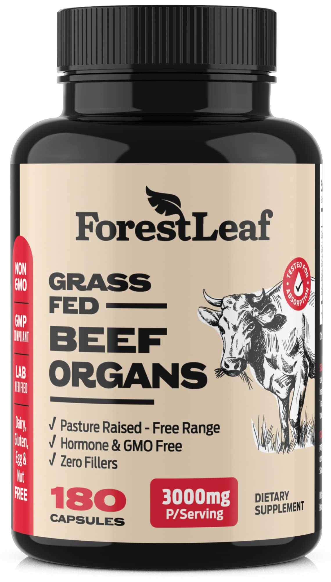 ForestLeaf Beef Organ Supplement - Grass Fed & Pasture Raised - Total Body Wellness & Performance, Organ Complex with 3000mg of Desiccated Beef Liver,