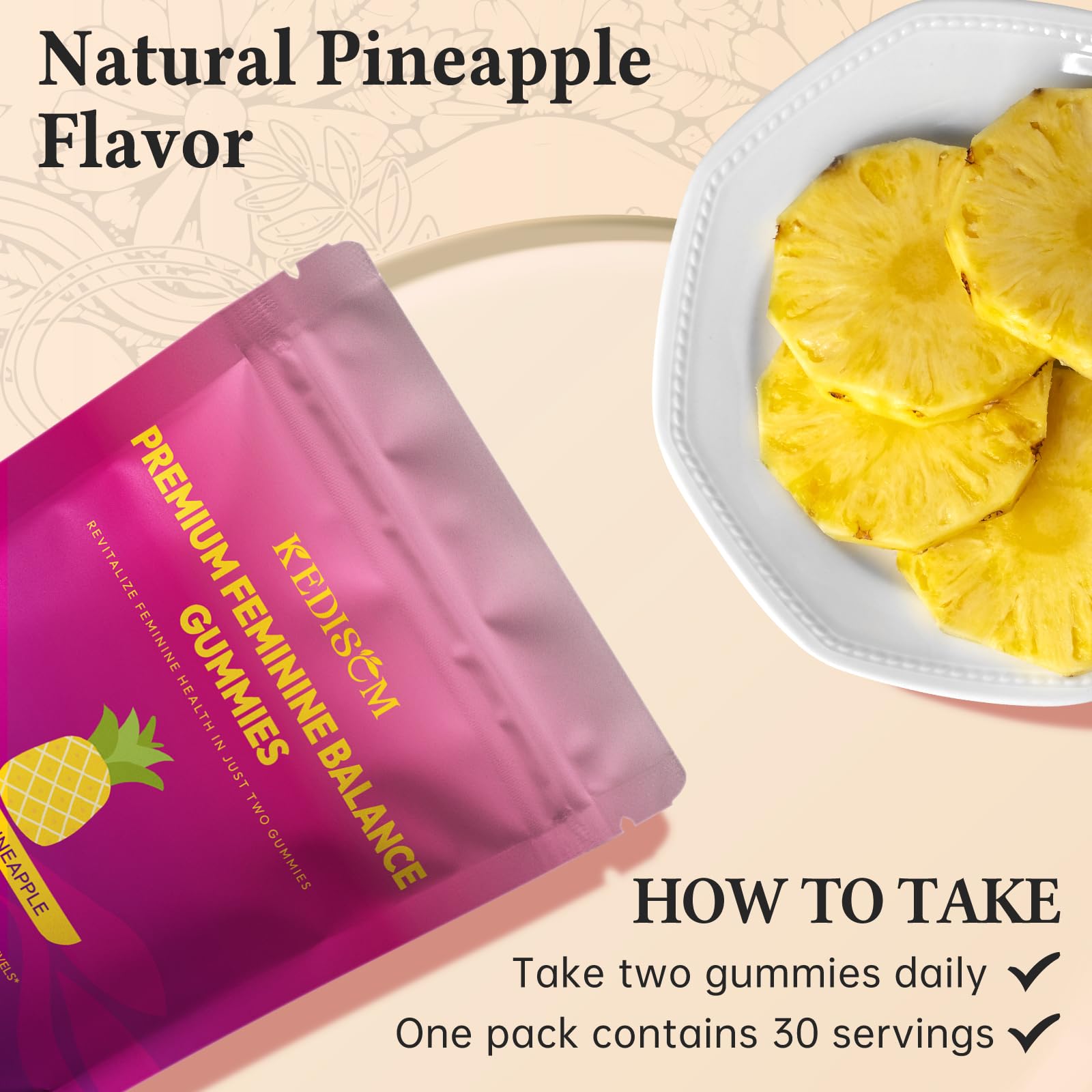 KEDISOM Premium Feminine Balance Gummies - for Women’s Health & Wellness - Immune Support - Vegan, Gluten-Free - Hawaiian Pineapple - 60 Gummies - 30 Servings KEDISOMBuy Supplements Australia