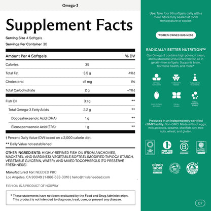 Needed. Prenatal Omega-3 - High Potency Dose of Sustainably Sourced Fish Oil, 1000mg DHA, 1000mg EPA, Encased in a Gelatin-Free, Plant-Based Softgel Shell Needed.Buy Supplements Australia