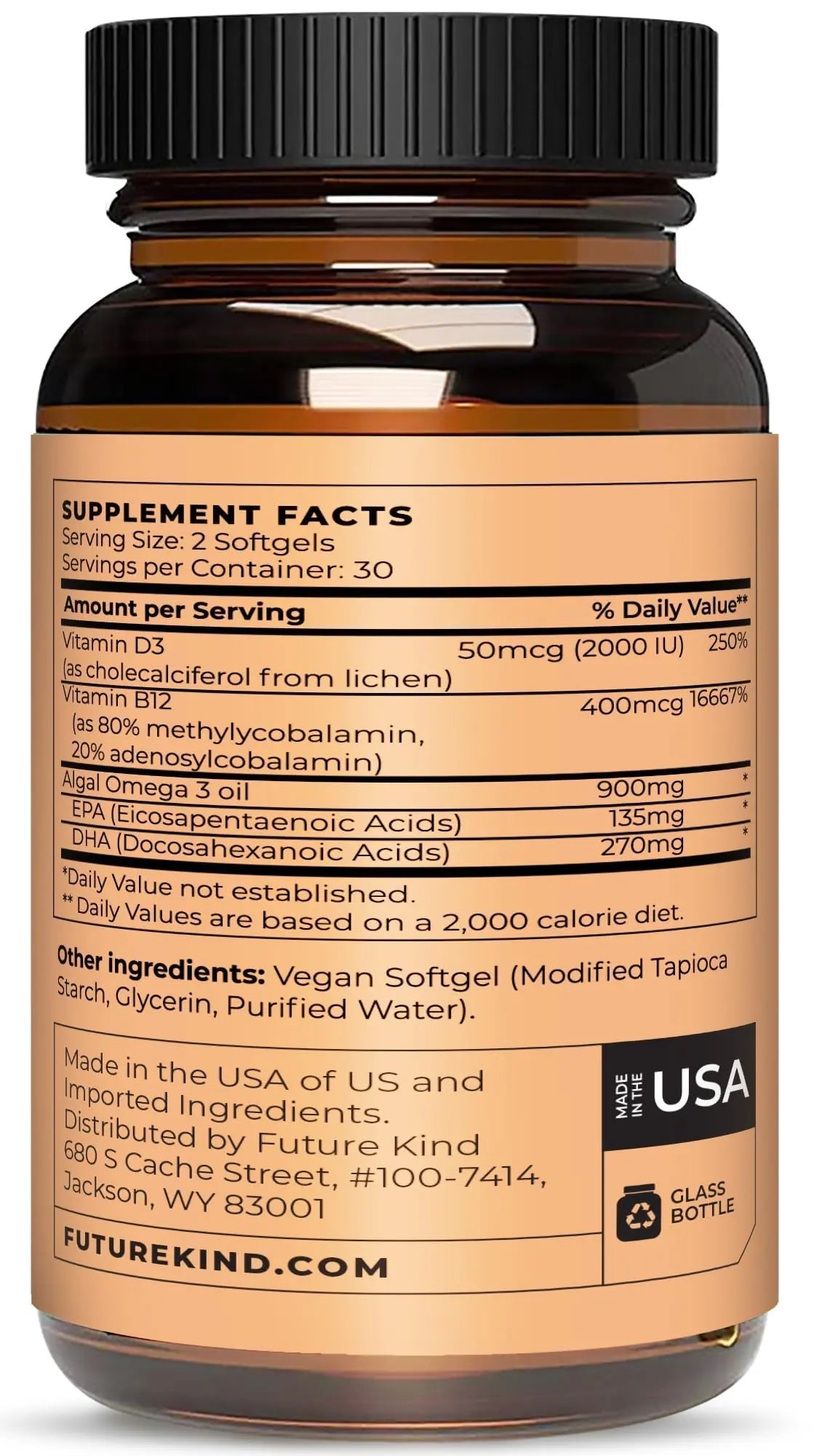 Future Kind Vegan Multivitamins - Glass Bottle & Made for Vegans with Omega 3 DHA, EPA, Vitamin B12 & D3 for Energy, Focus, & Mood (60 Softgels) Future KindBuy Supplements Australia