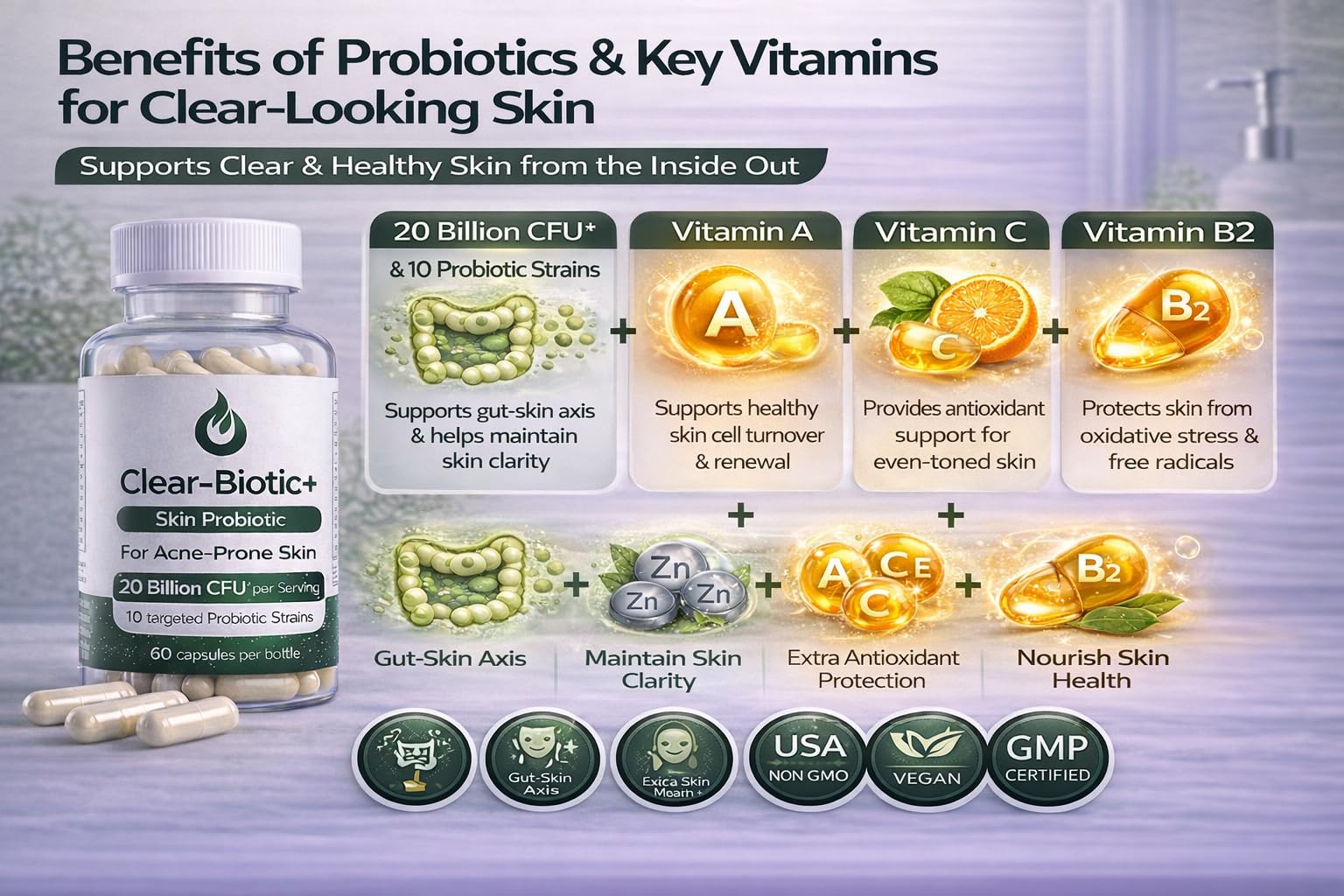 Acne Pills Probiotic Acne Supplements for Teens & Adults - Hormonal Acne Vitamins, Gut Health for Clear Skin, Non-GMO (60 Capsules) Gut Skin Axis Clear-BioticBuy Supplements Australia