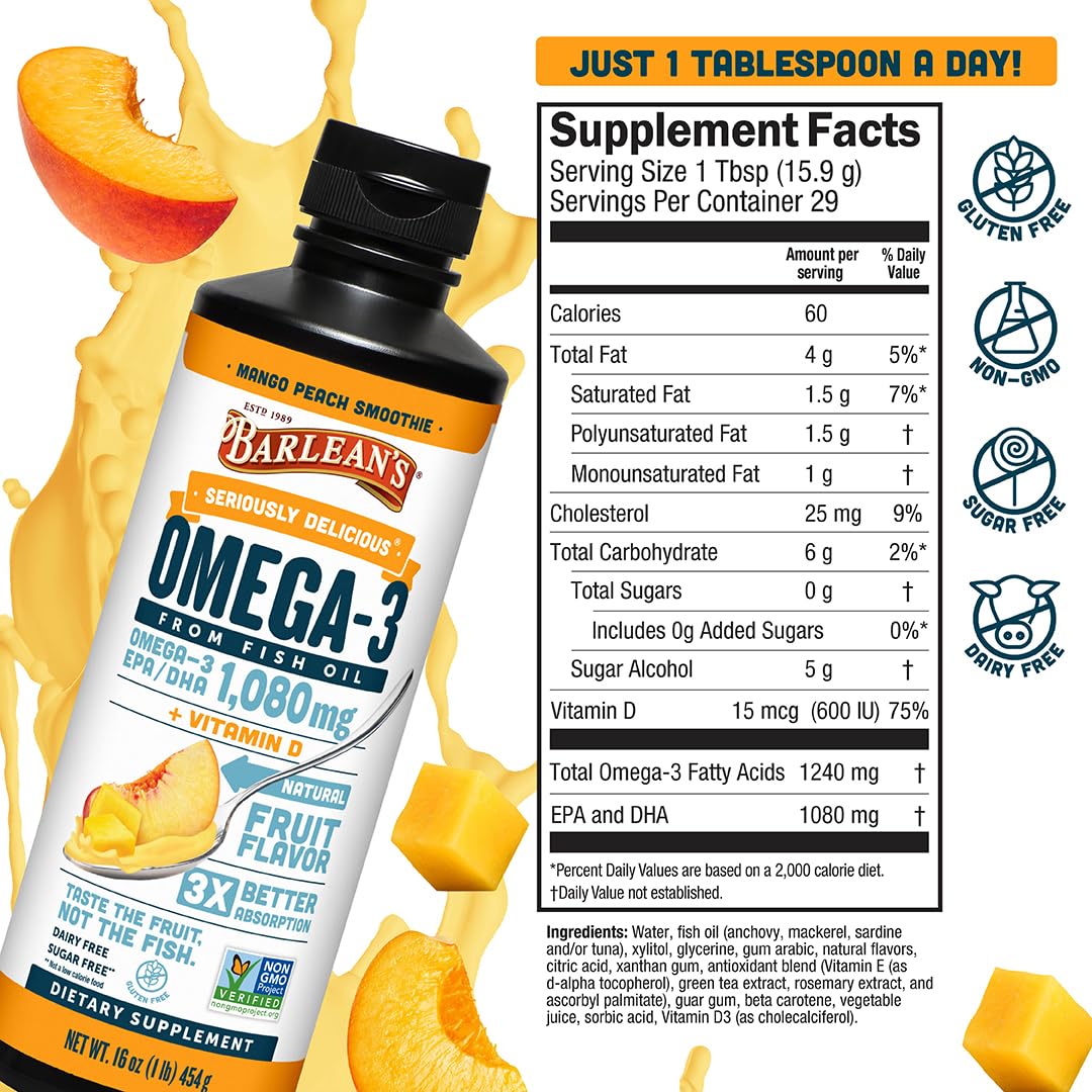 Barlean's Omega 3 Fish Oil Liquid Supplement with Vitamin D for Men and Women, 1080mg of EPA and DHA Fatty Acid, Promotes Brain & Heart Health - Non-GMO, Mango Peach, 16 oz Barlean'sBuy Supplements Australia