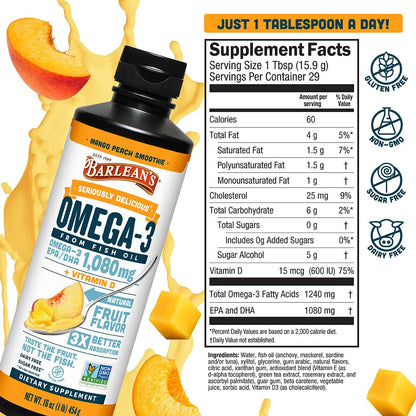 Barlean's Omega 3 Fish Oil Liquid Supplement with Vitamin D for Men and Women, 1080mg of EPA and DHA Fatty Acid, Promotes Brain & Heart Health - Non-GMO, Mango Peach, 16 oz Barlean'sBuy Supplements Australia