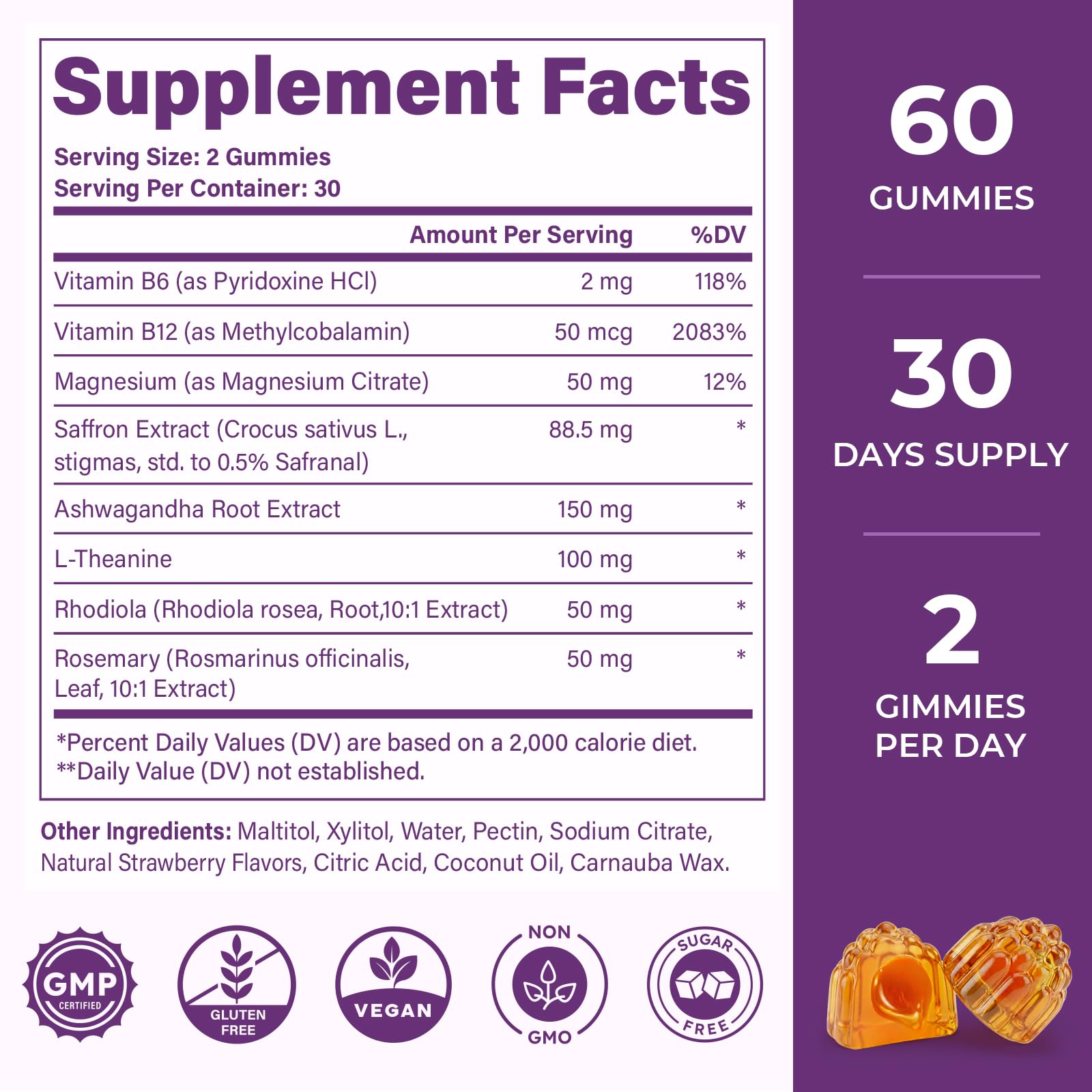Saffron Supplements Gummies, 88.5mg Pure Saffron Extract with Ashwagandha L-Theanine Rhodiola Rosemary Magnesium Vitamin B6 B12 for Mood Focus Support Adults Kids - 60 Count VEGETUSMAXBuy Supplements Australia