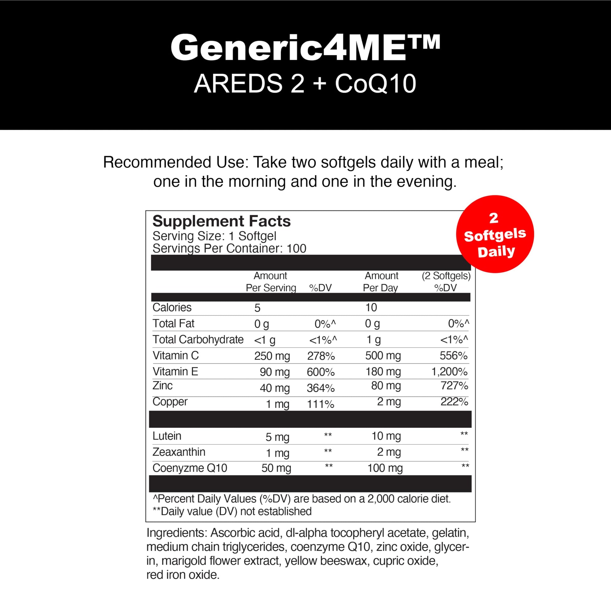 Generic4ME AREDS 2 SoftGels, 100 mg CoQ10 for Heart Health, 500 mg Vitamin C, 400 IU Vitamin E, 10 mg Lutein, 2 mg Zeaxanthin, 80 mg Zinc, 2 mg Copper - Supports Eye Health - 100 Mini SoftGels Generic4MEBuy Supplements Australia