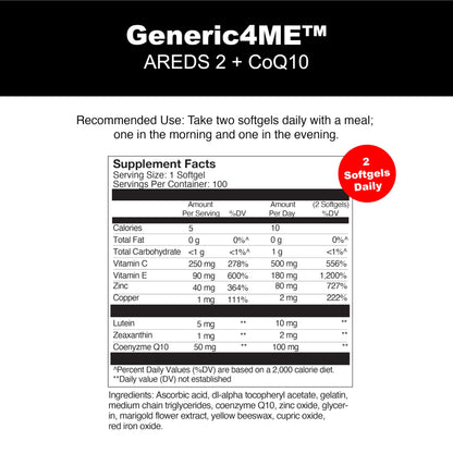 Generic4ME AREDS 2 SoftGels, 100 mg CoQ10 for Heart Health, 500 mg Vitamin C, 400 IU Vitamin E, 10 mg Lutein, 2 mg Zeaxanthin, 80 mg Zinc, 2 mg Copper - Supports Eye Health - 100 Mini SoftGels Generic4MEBuy Supplements Australia
