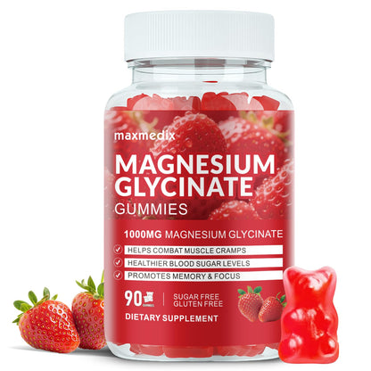 Magnesium Glycinate Gummies 1000mg, Sugar Free Magnesium Potassium Supplements Chewable for Adults with L-Threonate for Sleep, Body Support and Relaxation,90 Strawberry Gummies maxmedixBuy Supplements Australia