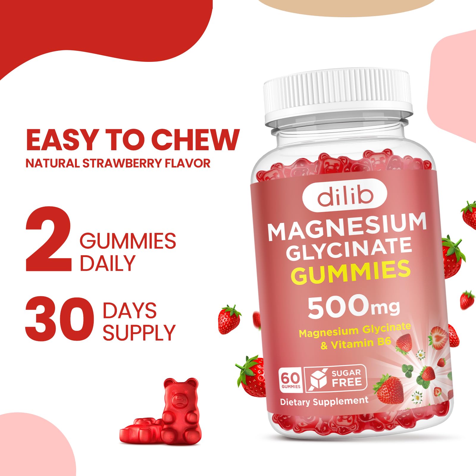 Magnesium Glycinate Gummies 500mg - Magnesium Supplement with Vitamin B6 for Adults & Magnesium for Kids - Calm Magnesium for Sleep, Mood, Muscle Support - Strawberry Flavor, 60 Gummies dilibBuy Supplements Australia