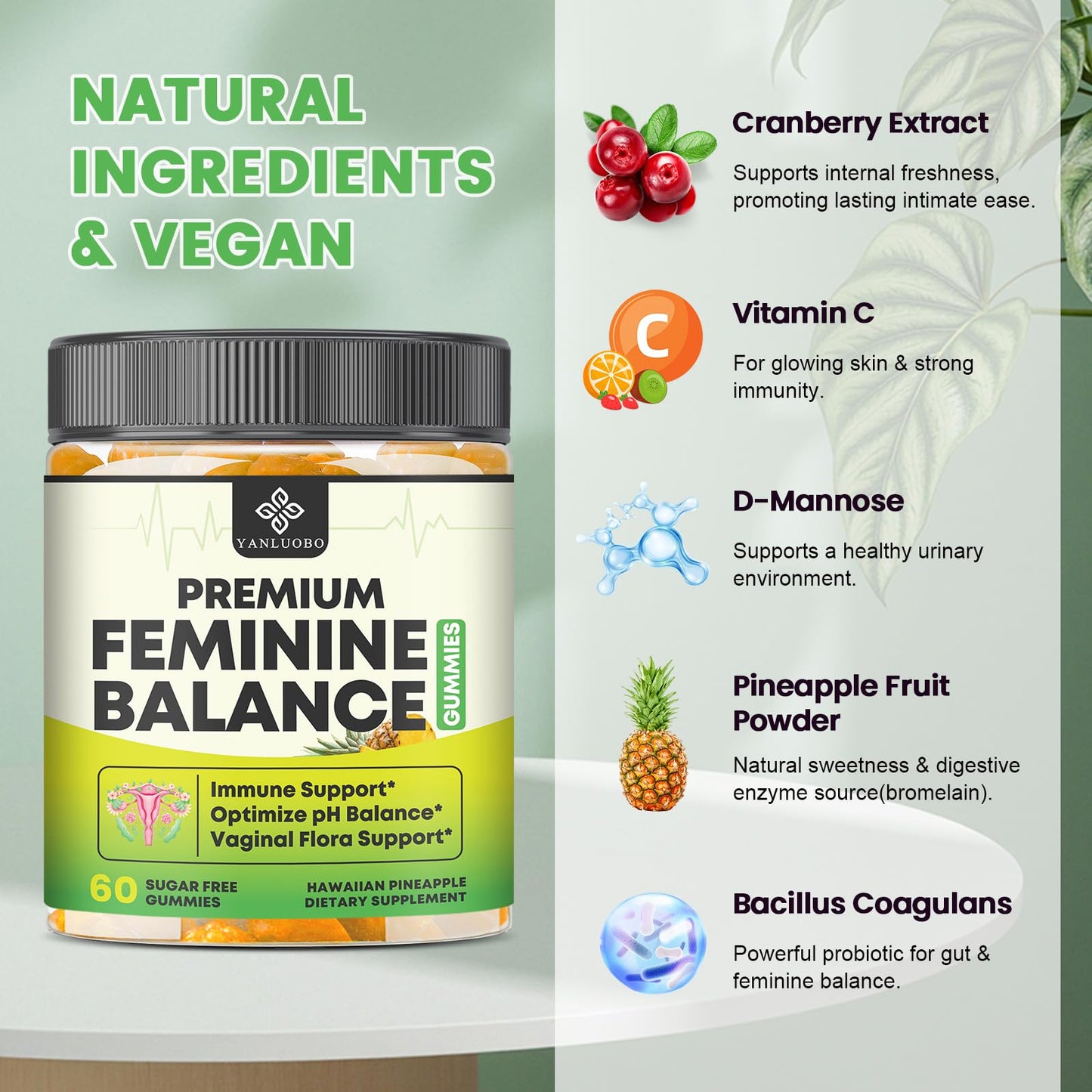 YANLUOBO Feminine Balance Probiotic Gummies - Women's Vaginal Health Support | PH Balance & Odor, Flora, Immune Support | Probiotics for Women, Vegan Pineapple Flavor, 60 Count YANLUOBOBuy Supplements Australia